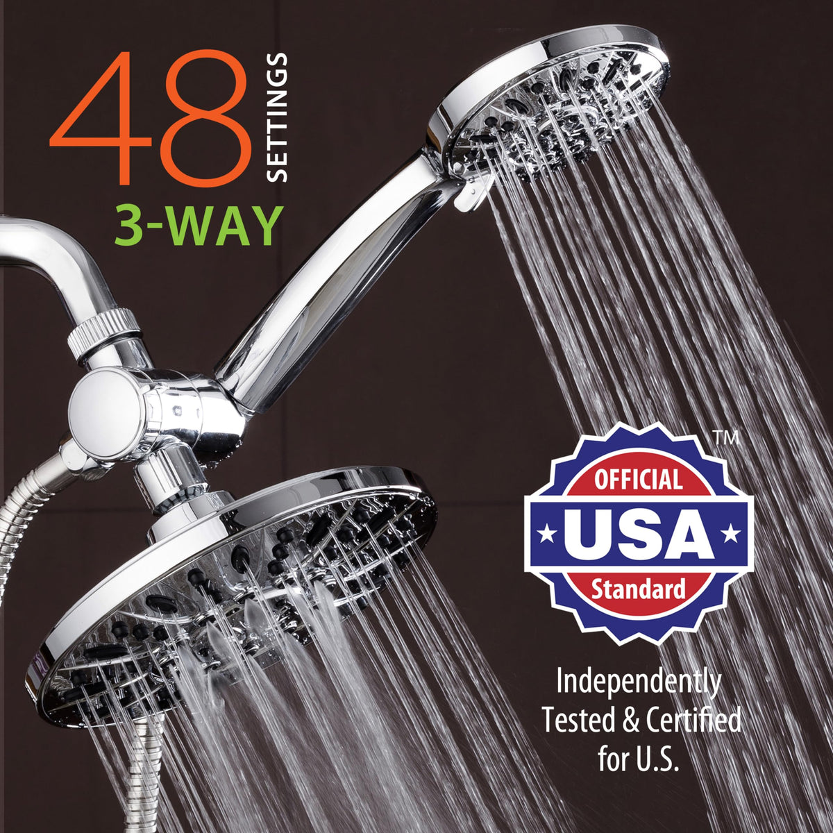 AquaDance California dual flow control highlights seamless switching between overhead and handheld modes.