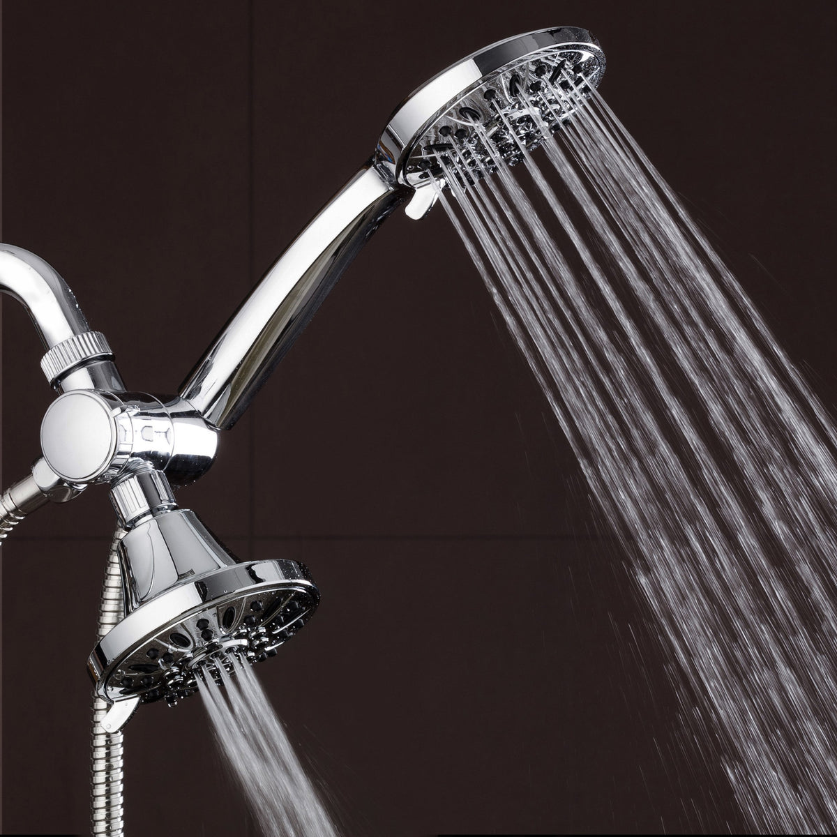 AquaDance angle-adjustable bracket guiding water flow for hands-free use
