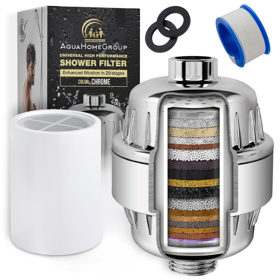 AquaHomeGroup 20-stage shower filter reduces chlorine for softer skin.