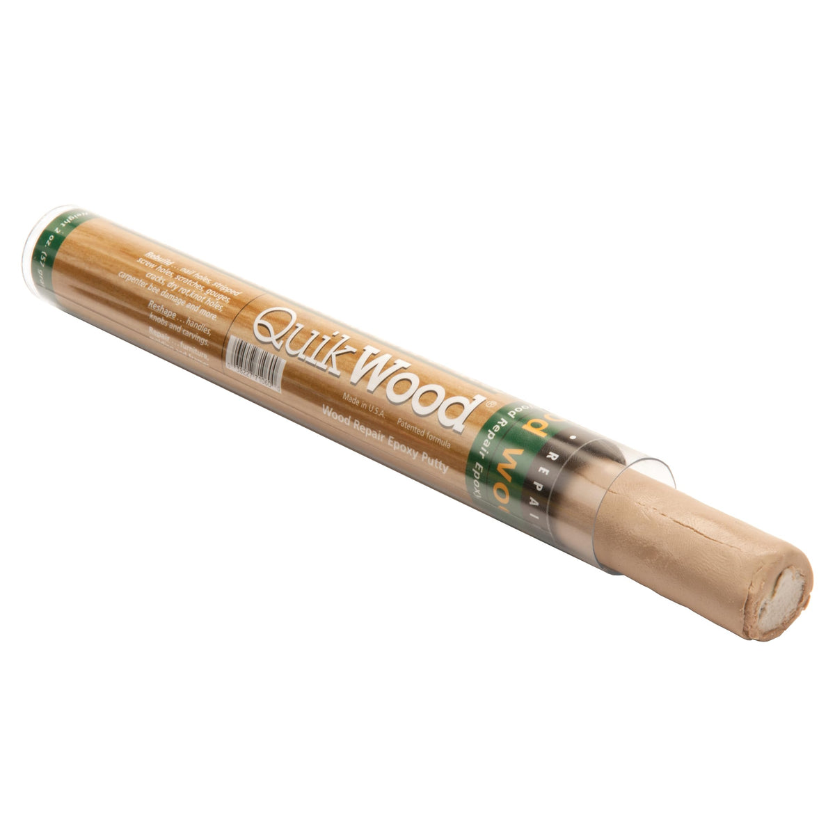 AquaMend QuikWood Putty Stick filling a nail hole for a seamless repair.