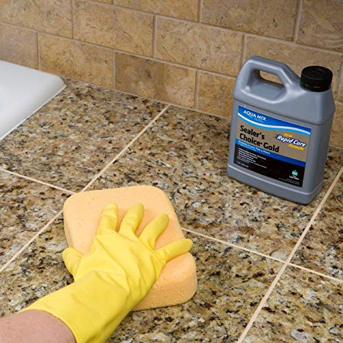Aqua Mix Sealer's Choice Gold bottle pour shows even coverage for stone sealing