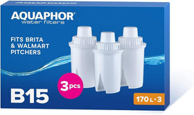 AQUAPHOR B15 3-pack filter cartridges ready for pitcher replacement.