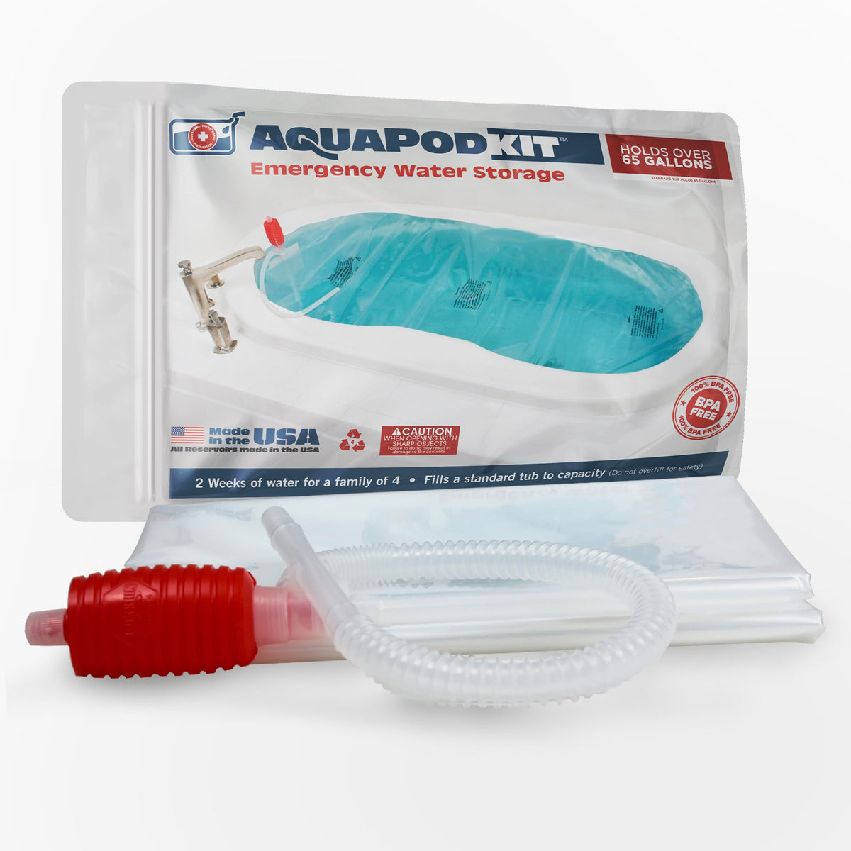 AquaPodKit bathtub liner setup demonstrates quick emergency water storage deployment.