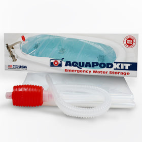 A AquaPodKit bathtub bladder prepared for 65-100 gallon water storage in a home bathroom for emergency drinking water.