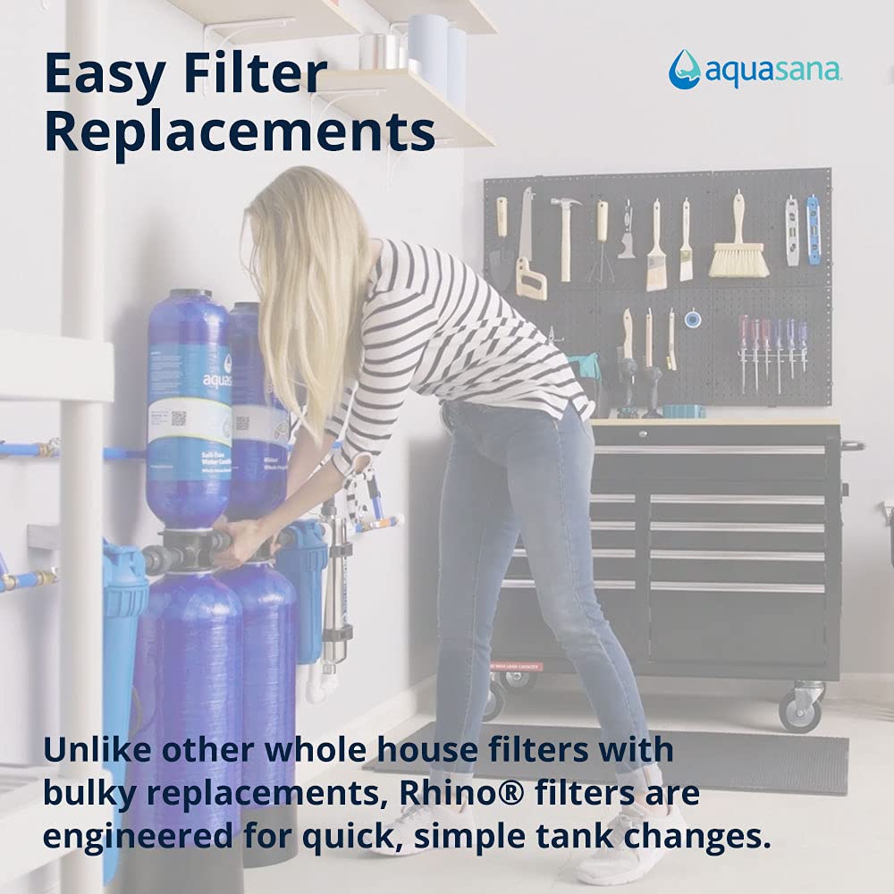 Aquasana EQ304 sediment pre-filter close-up shows five-micron filtration of rust and dirt