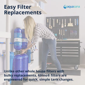 Aquasana EQ304 sediment pre-filter close-up shows five-micron filtration of rust and dirt
