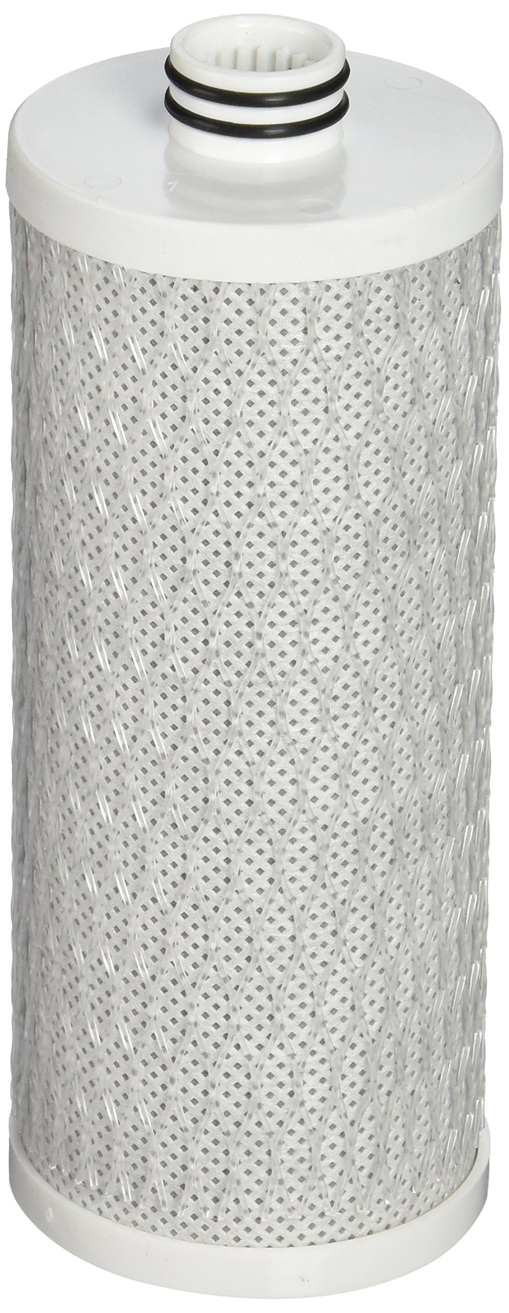 Aquasana 320-gallon cartridge beside clear water demonstrates long-lasting filtration.