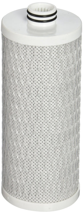 Aquasana 320-gallon cartridge beside clear water demonstrates long-lasting filtration.