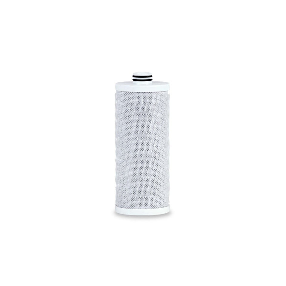 Aquasana replacement filter for powered system being twisted in for tool-free installation.