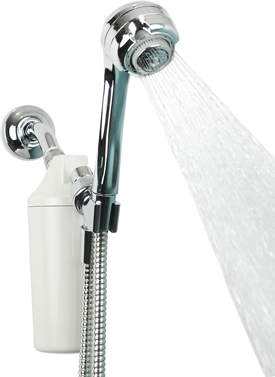 Aquasana shower filter head highlighting hair and skin benefits and chlorine reduction.