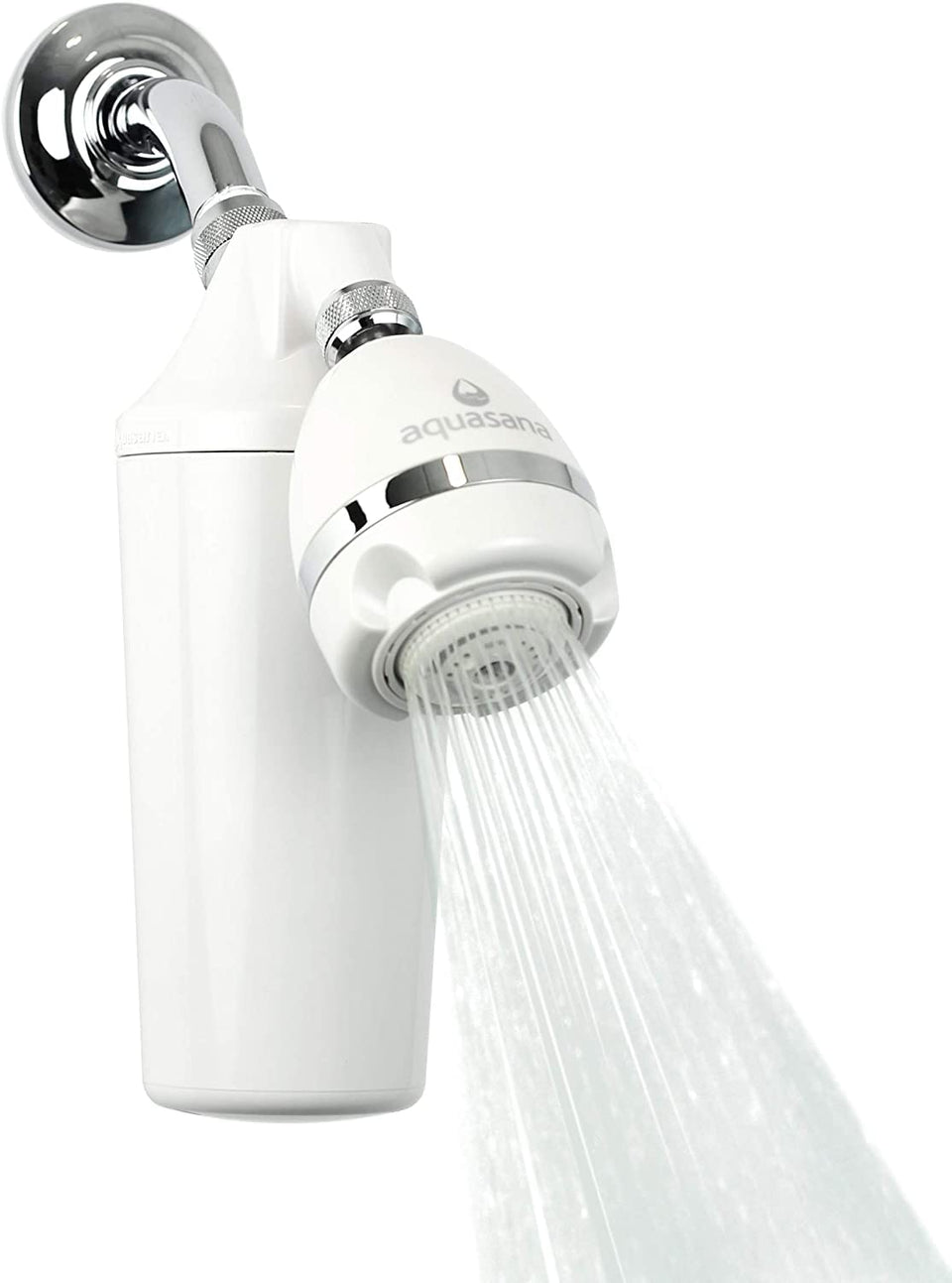 Aquasana shower filter close-up highlighting healthier hair and softer skin through chlorine reduction.