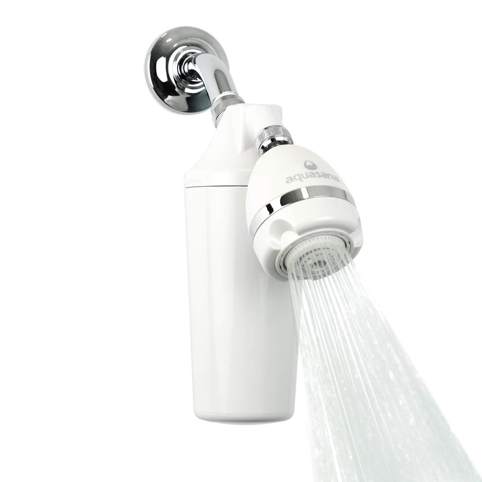 Aquasana shower filter package demonstrates a complete filtration upgrade for softer skin.