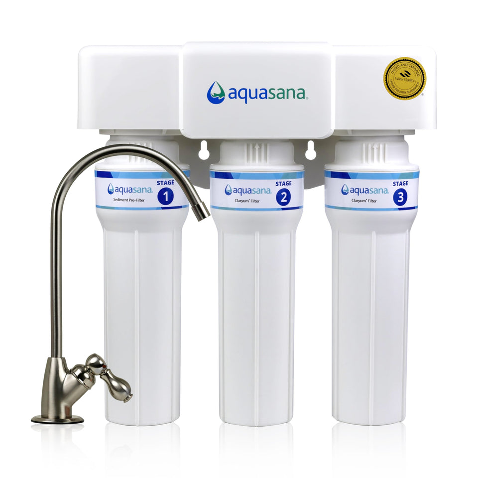 Aquasana under-sink filter with brushed-nickel faucet provides purified water for cooking and sipping.