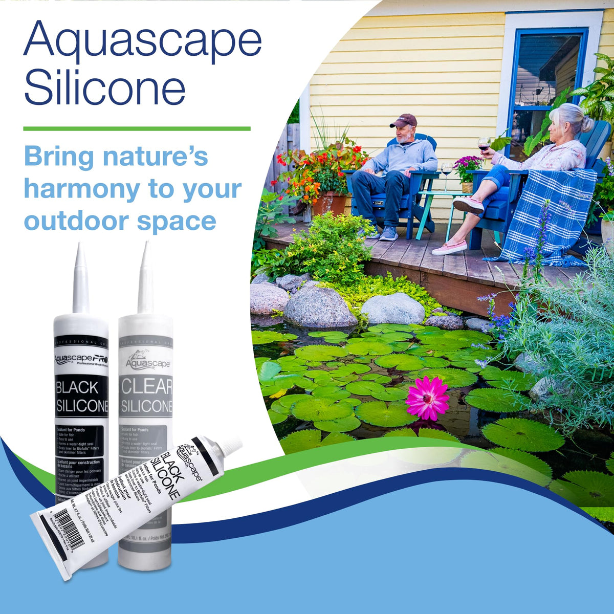 Aquascape Black Silicone Sealant on pond feature for leak-free durability.