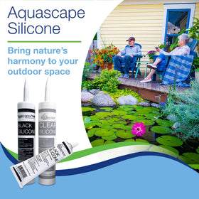 Aquascape Black Silicone Sealant on pond feature for leak-free durability.