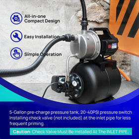 AquaStrong 115V pump with 5-gallon pressure tank for steady pressure.