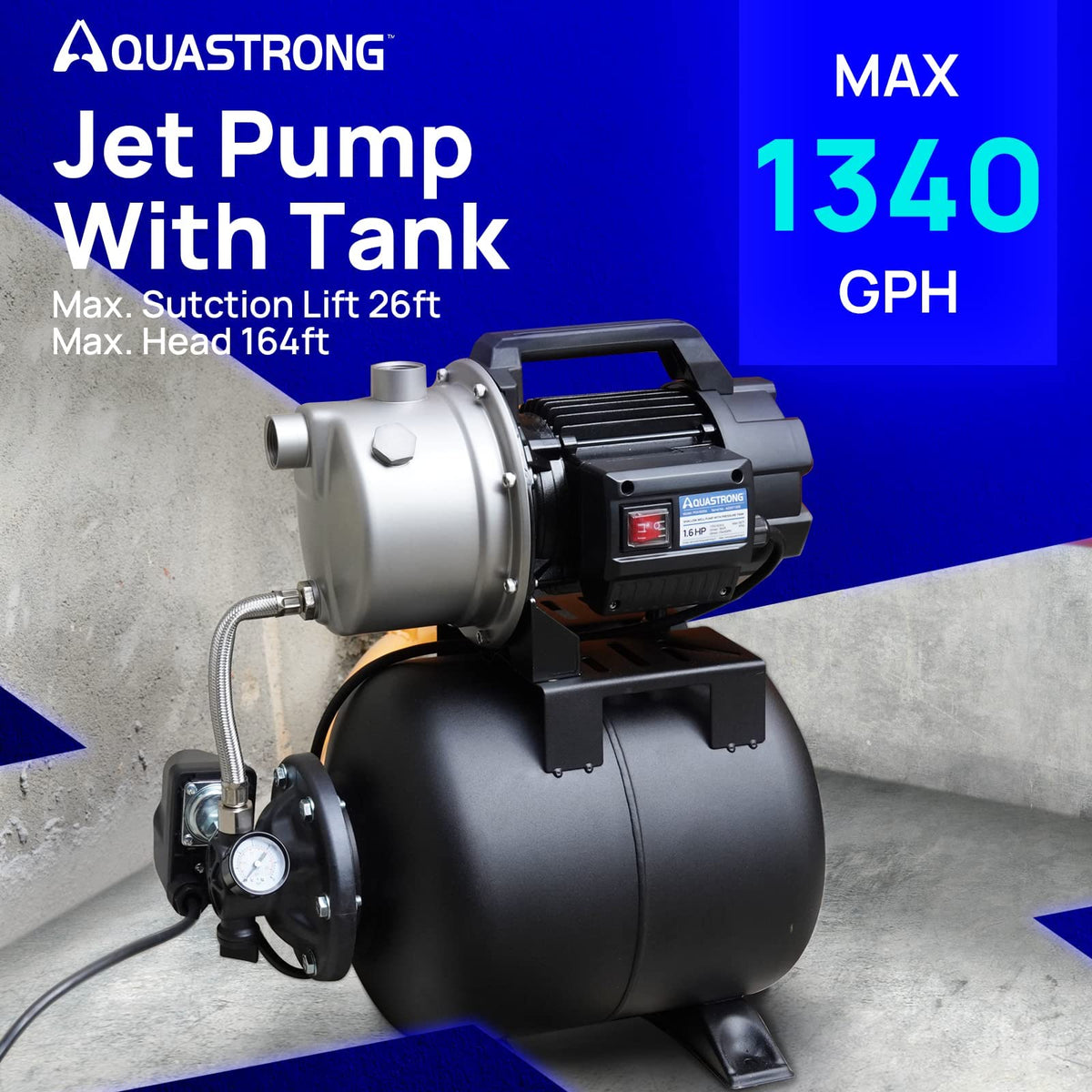 AquaStrong 115V jet pump automatic pressure switch in action for easy control.