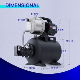 AquaStrong 115V shallow well pump side view highlighting stainless steel housing.