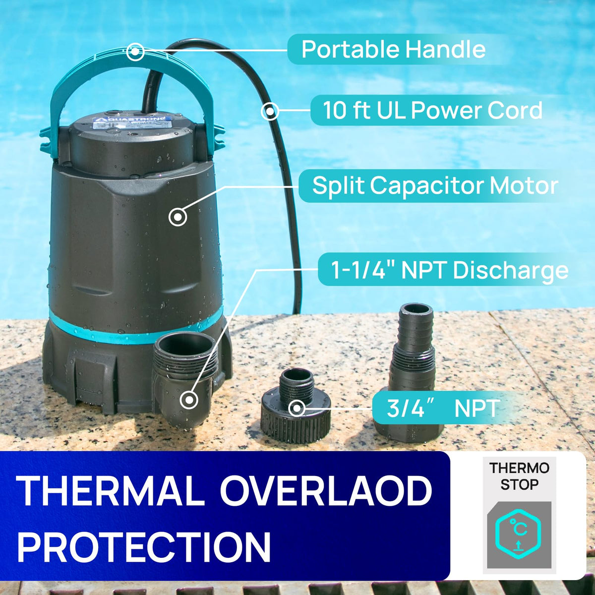 AquaStrong thermoplastic casing resists corrosion for durability.