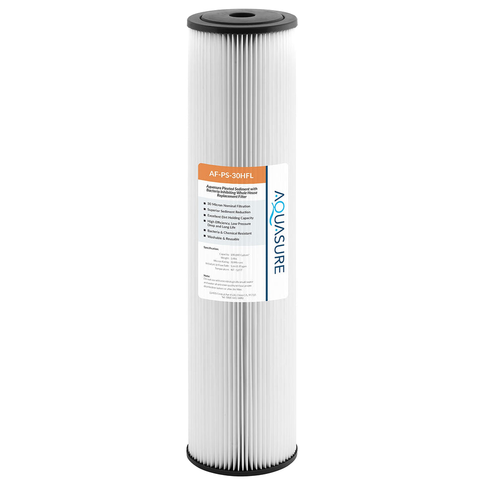 Aquasure Fortitude V2 30-micron pleated sediment filter close-up, durable washable media for whole-house filtration.