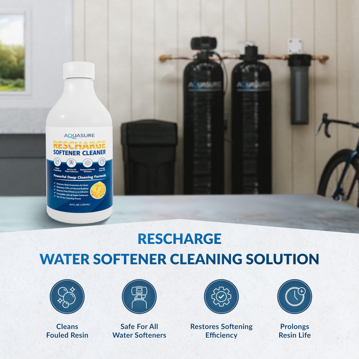 Aquasure Rescharge label close-up showing cleansing action removes mineral buildup.