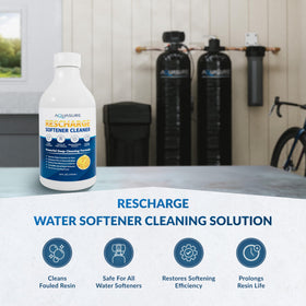 Aquasure Rescharge label close-up showing cleansing action removes mineral buildup.