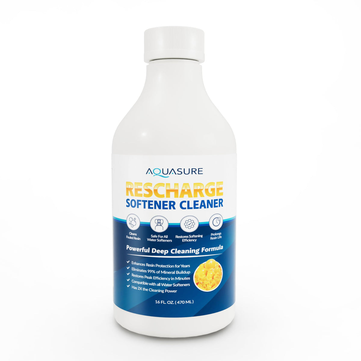 Aquasure Rescharge liquid bottle front view for resin cleaner in softeners.