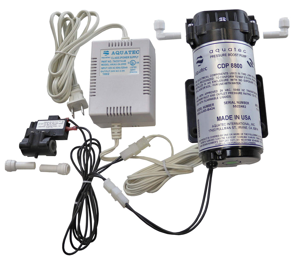 Aquatec 8800 booster pump kit main unit boosts RO pressure for efficient filtration.
