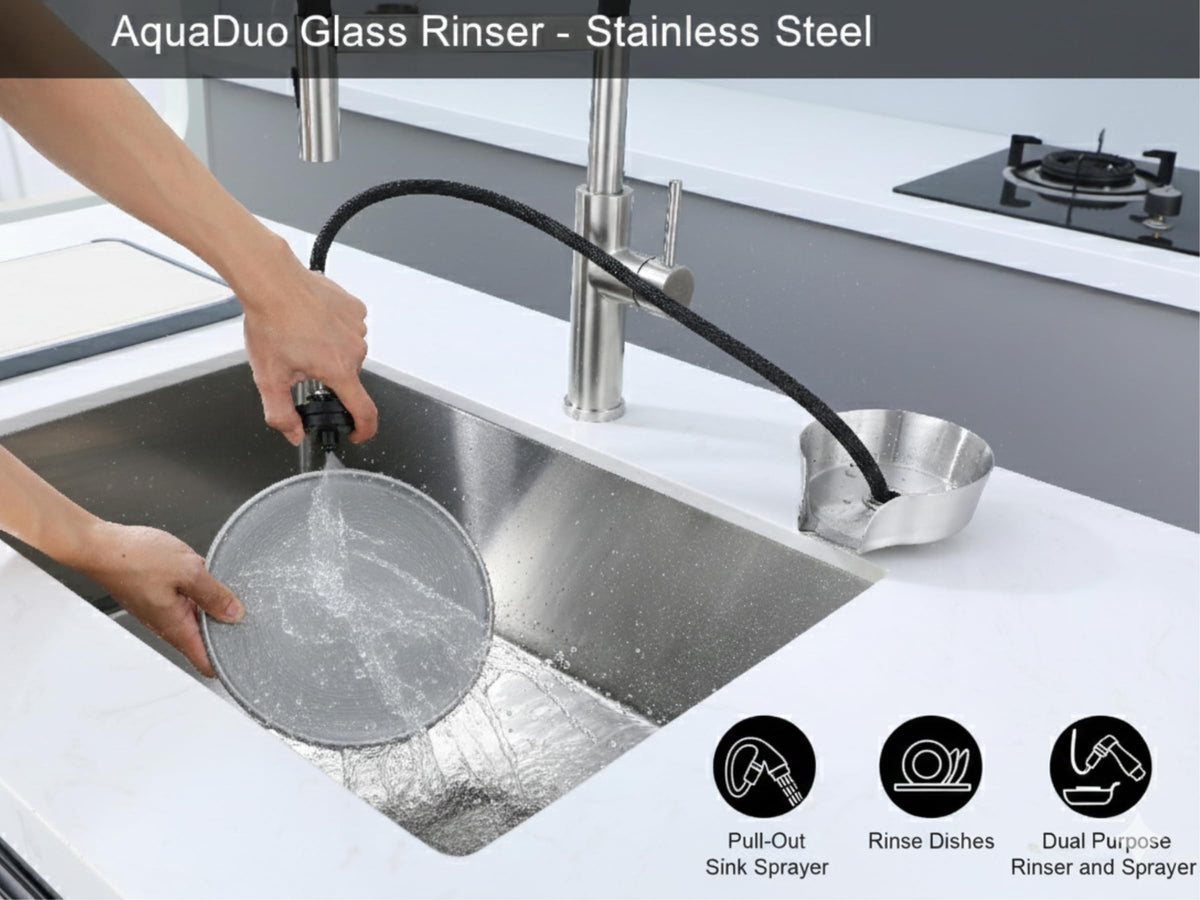 AquatiQ AquaDuo bar sink attachment helps keep counters organized.