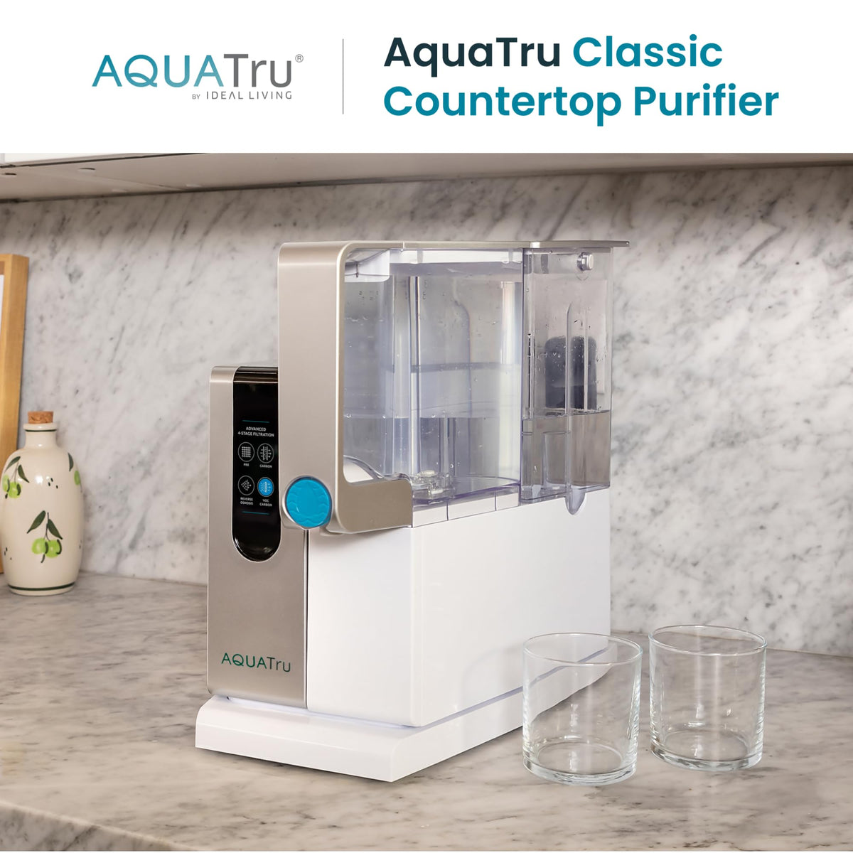 AquaTru Classic 1-gallon tank demonstrates ample purified water without plumbing.