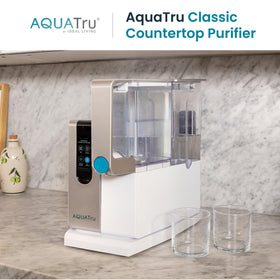 AquaTru Classic 1-gallon tank demonstrates ample purified water without plumbing.