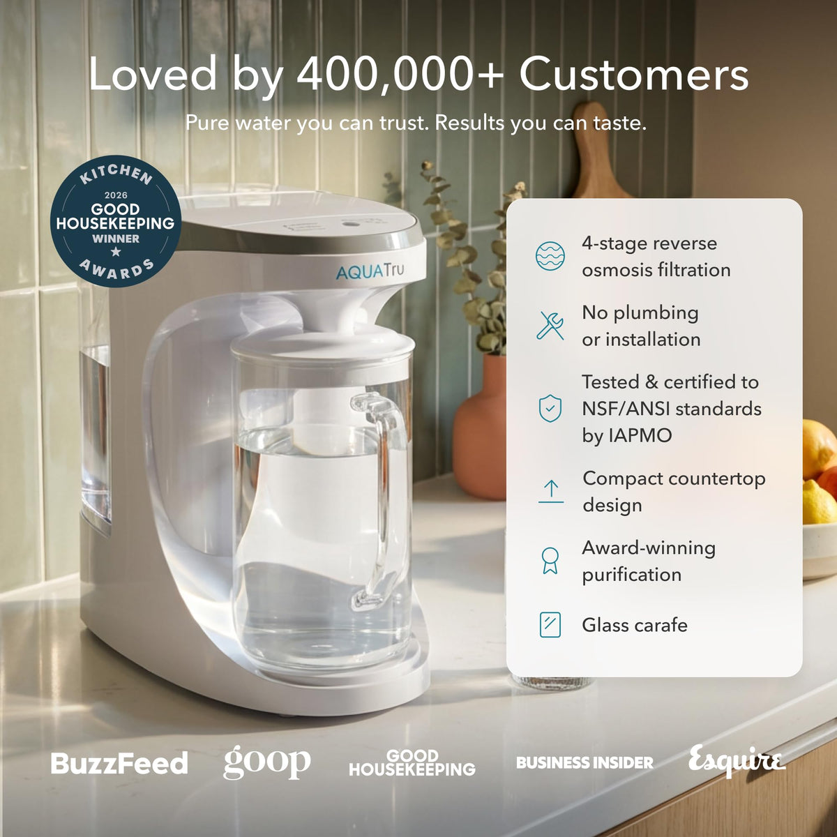 AquaTru countertop purifier sits on a kitchen counter for easy access.