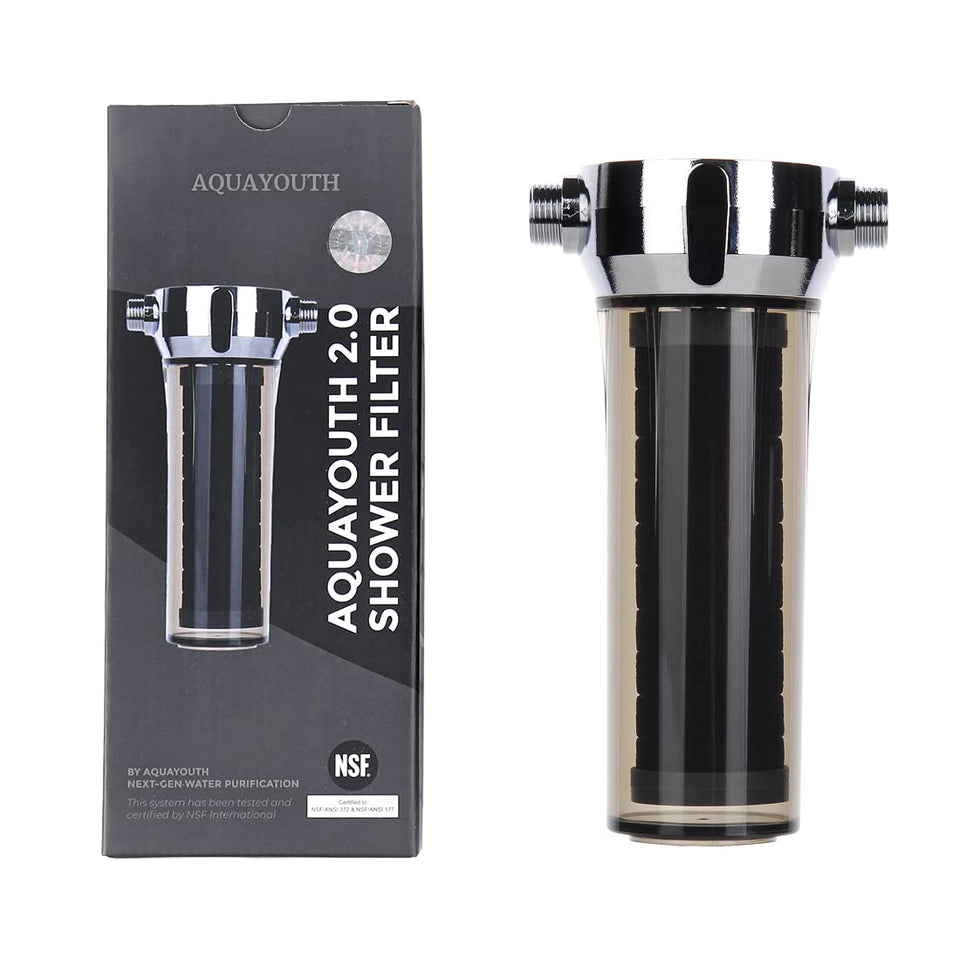 AQUAYOUTH 2.0 shower filter reduces chlorine for healthier-feeling water.
