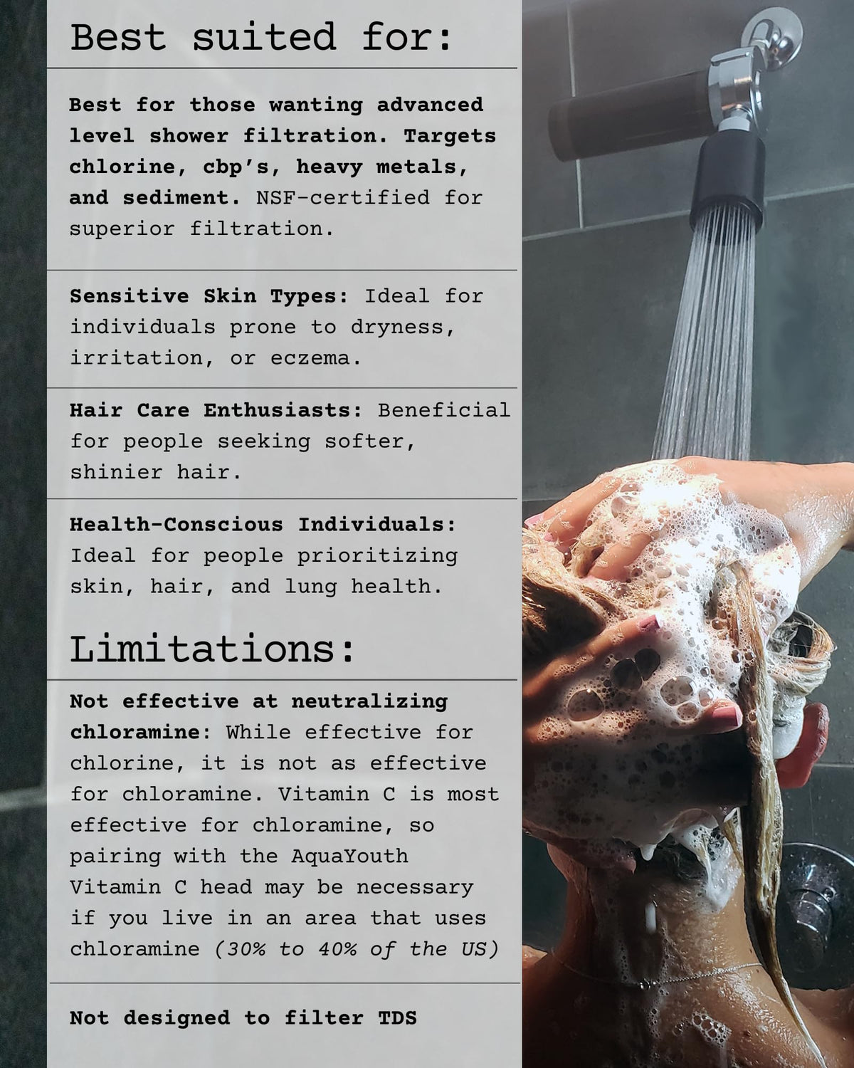 AQUAYOUTH 2.0 shower filter reduces heavy metals for safer bathwater.