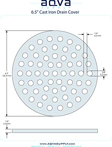 Aqva round 6.5-inch drain cover installed in a bathroom floor prevents debris entry while maintaining water flow.