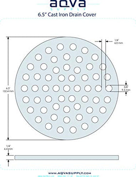 Aqva round 6.5-inch drain cover installed in a bathroom floor prevents debris entry while maintaining water flow.