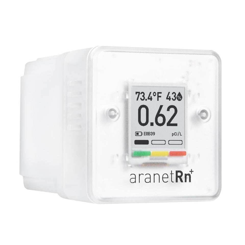 Aranet SAF radon detector home showing 10-minute measurement on an E-Ink display for quick radon awareness.