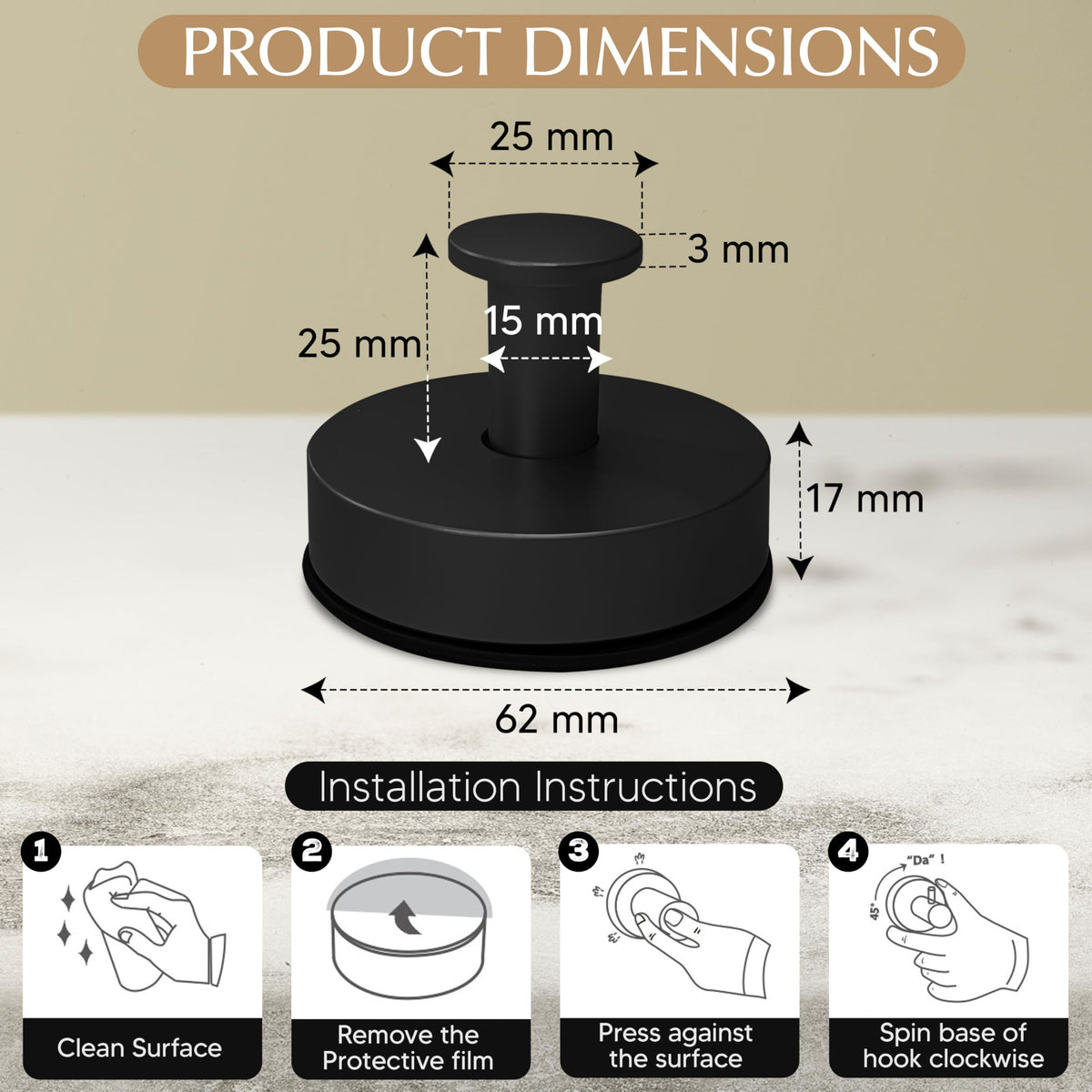 ARBELLE INNOVATIONS black suction cup hook supporting a bathrobe
