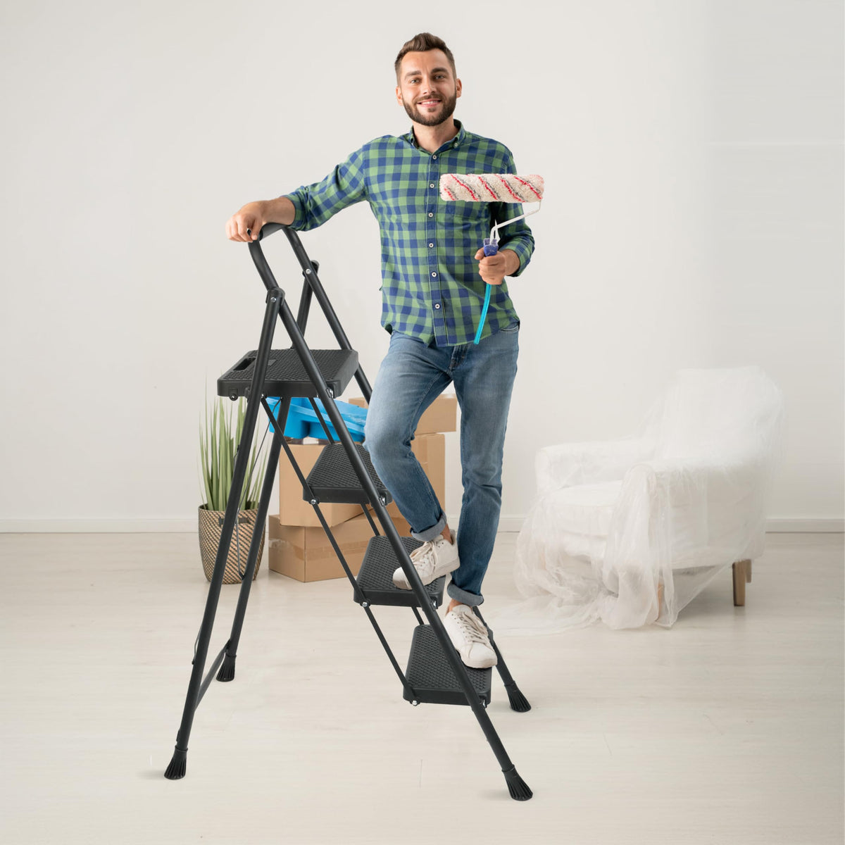 Arbusb Step Ladder in home, closet, garage, or library setups.