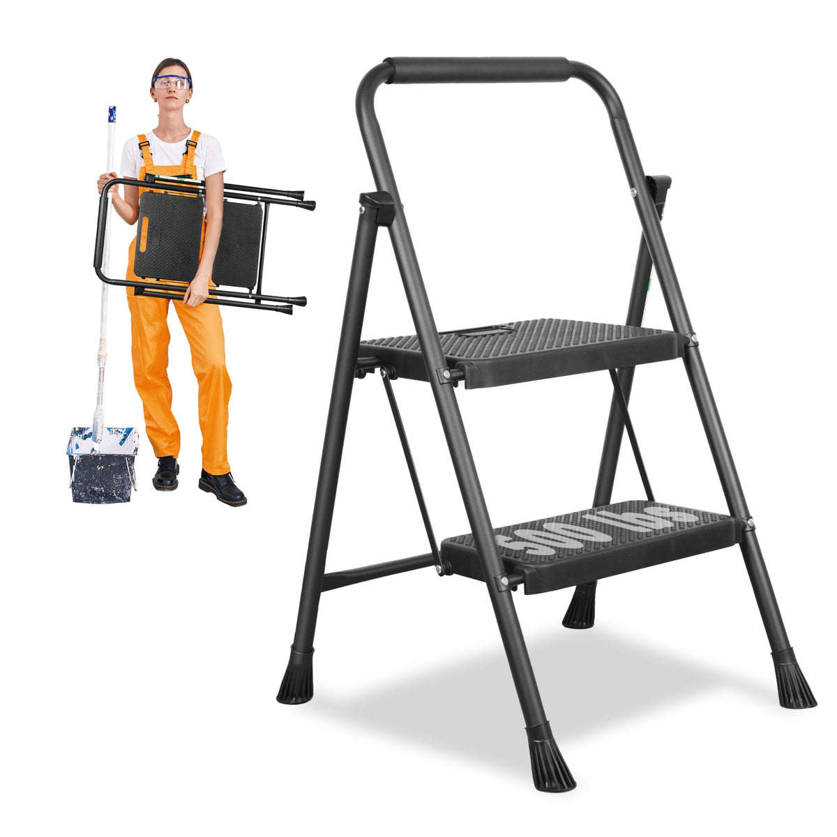 Arbusb Step Ladder open with wide anti-slip pedals for secure reaching