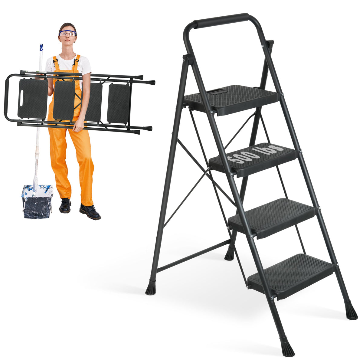 Arbusb Step Ladder opened to full height for reaching high shelves with stable footing.