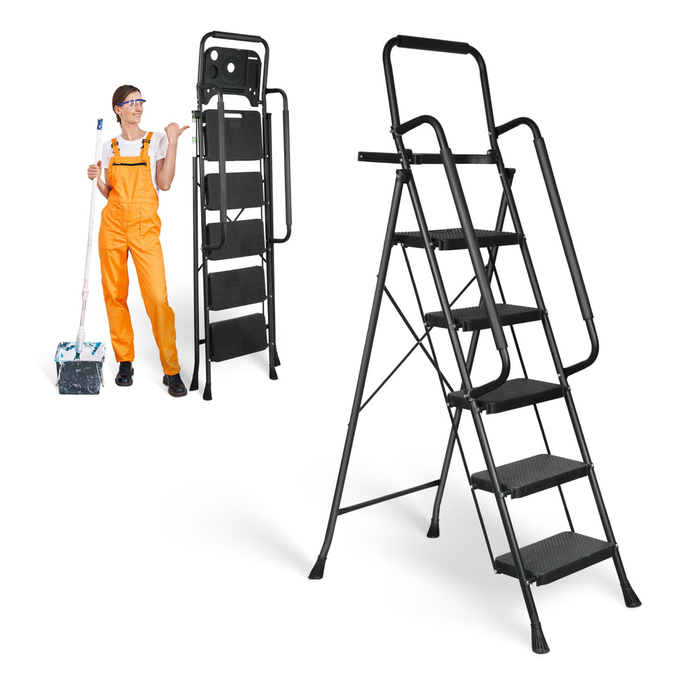 Arbusb Step Ladder with wide anti-slip pedals for secure footing during tall tasks.