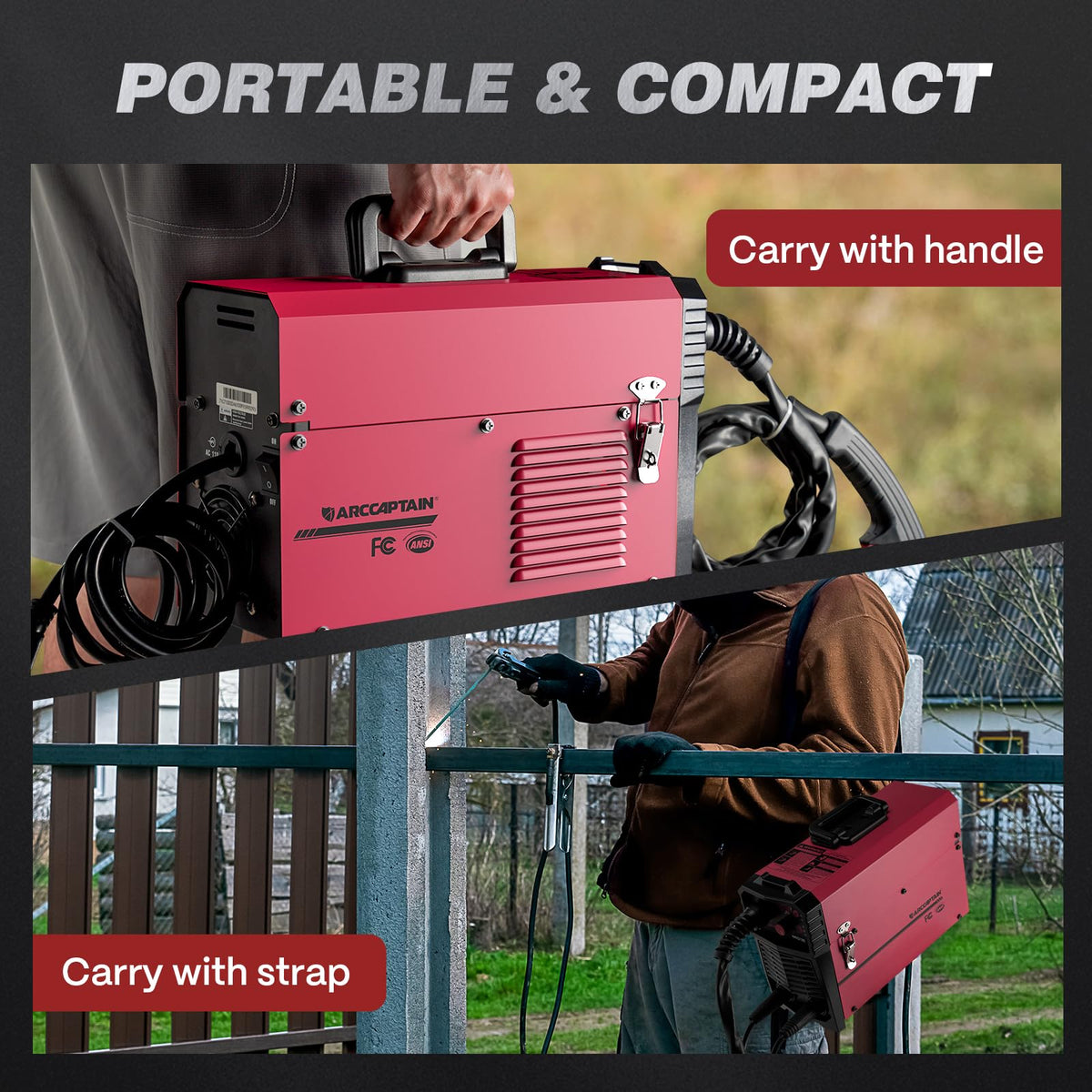 ARCCAPTAIN 130A MIG welder compact design emphasizes portability for outdoor use.