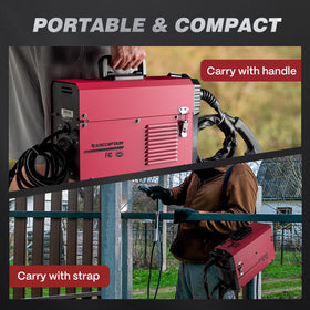 ARCCAPTAIN 130A MIG welder compact design emphasizes portability for outdoor use.