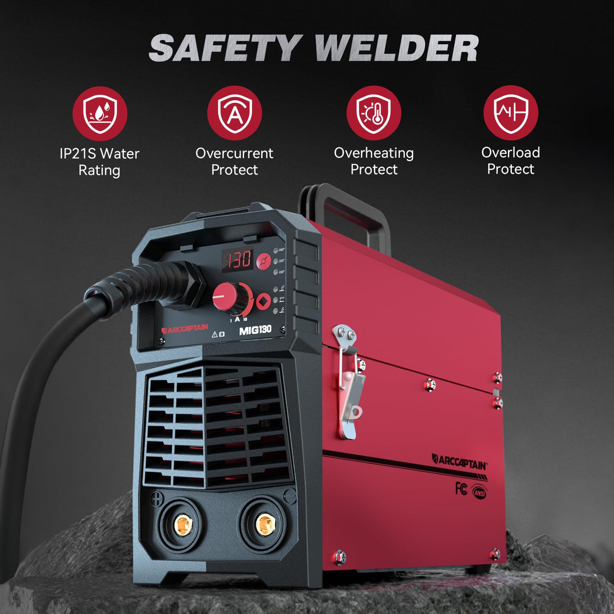 ARCCAPTAIN 130A MIG welder in use on a metal piece for MIG welding.