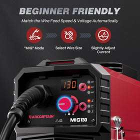 ARCCAPTAIN 130A MIG welder with 2 lb flux-cored wire spool ready to start.