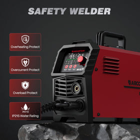 ARCCAPTAIN 165A MIG welder includes torch, clamps, wires, nozzles, and manual