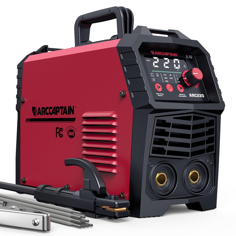 ARCCAPTAIN 220A welder front panel with large LED display for precise settings.