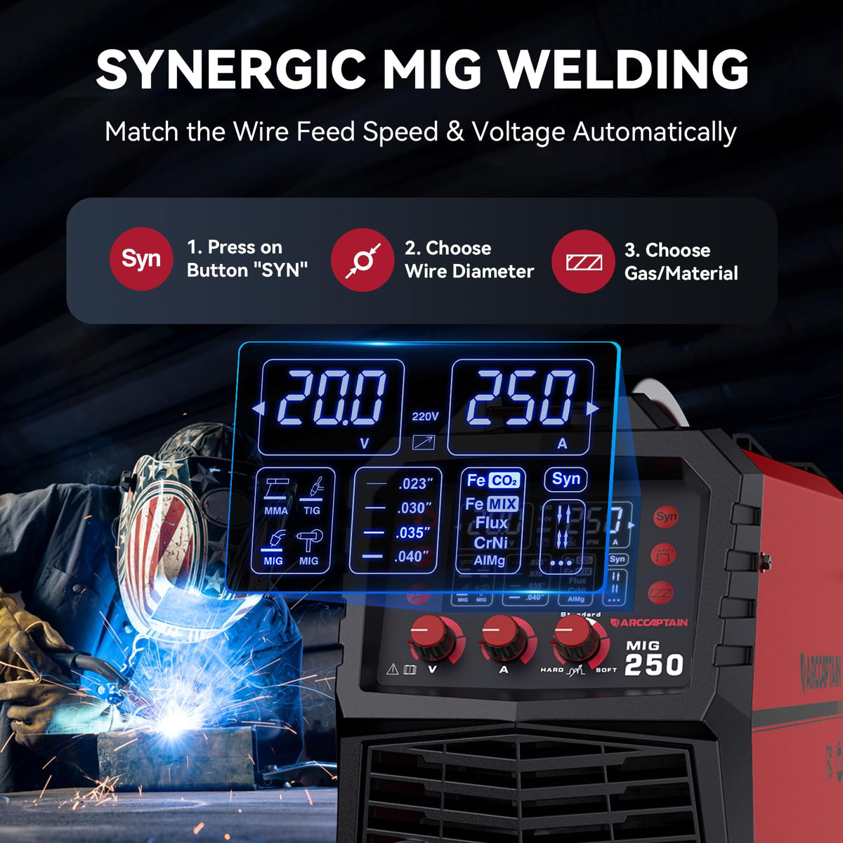 ARCCAPTAIN 250A MIG welder accessories kit included for setup