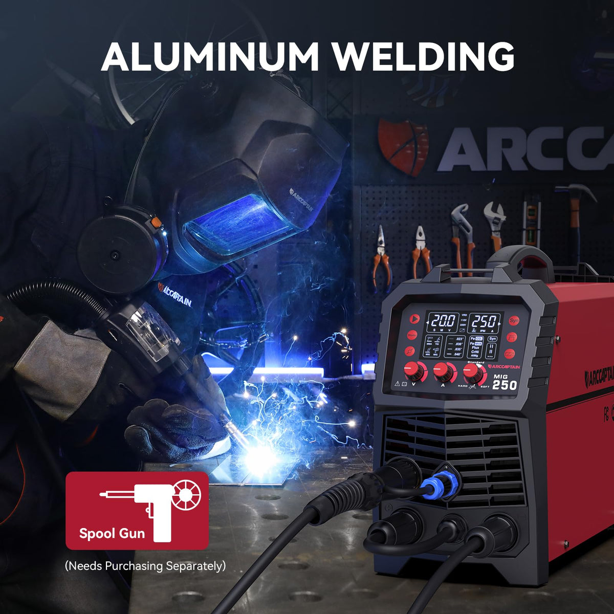 ARCCAPTAIN 250A MIG welder LED display shows settings clearly